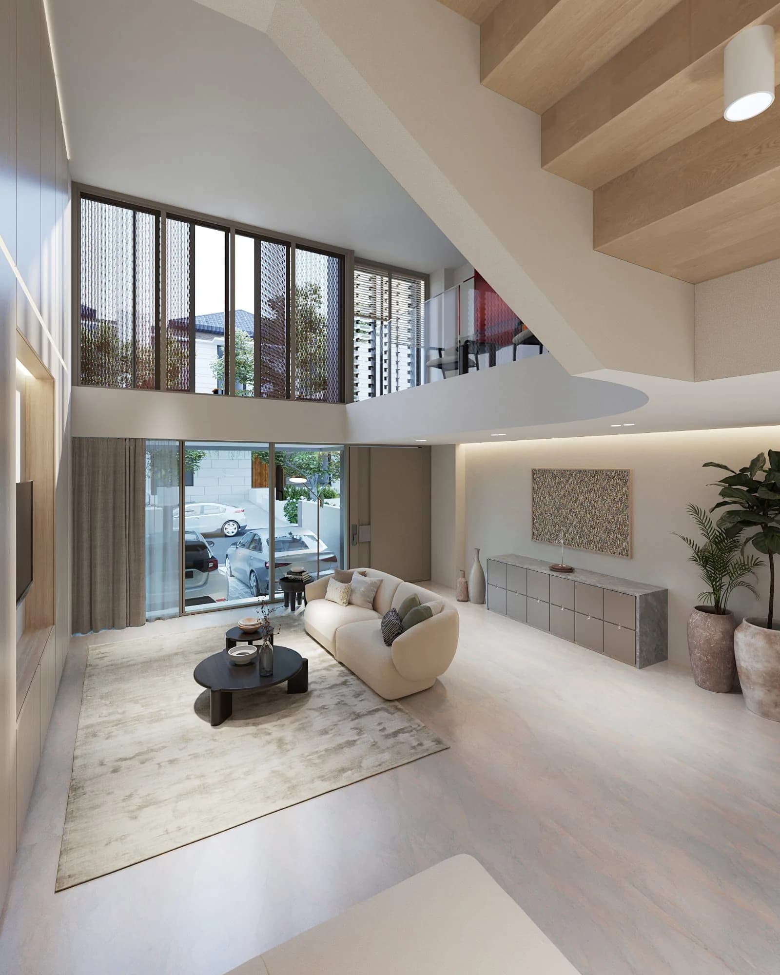 Double-height living and dining pavilion at Park Terrace with a floating staircase