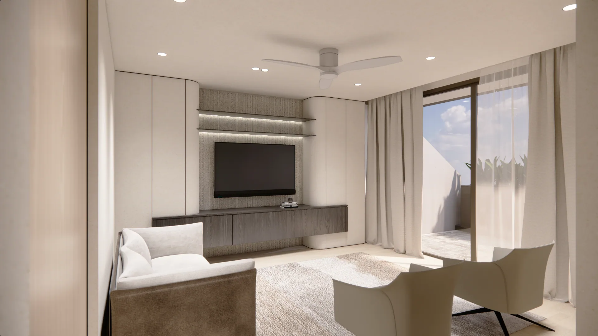 Attic entertainment retreat opening to a private balcony terrace
